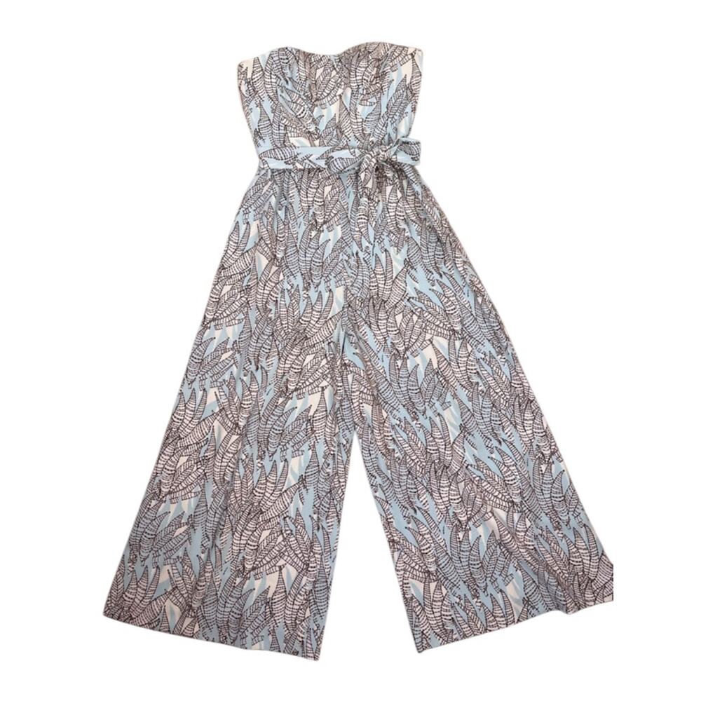 H&M Bandeau Belted Jumpsuit Size 4  Wide Leg Crop Spring Light Blue Leaf Print - Picture 3 of 13
